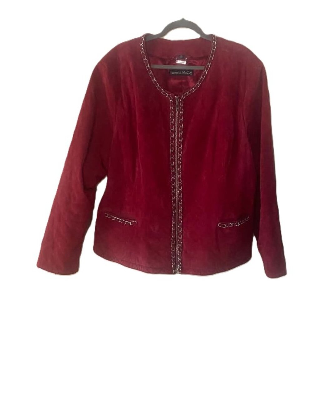 Pamela McCoy 3X Leather Jacket Burgundy Silver Chain Trim Zip Front Women